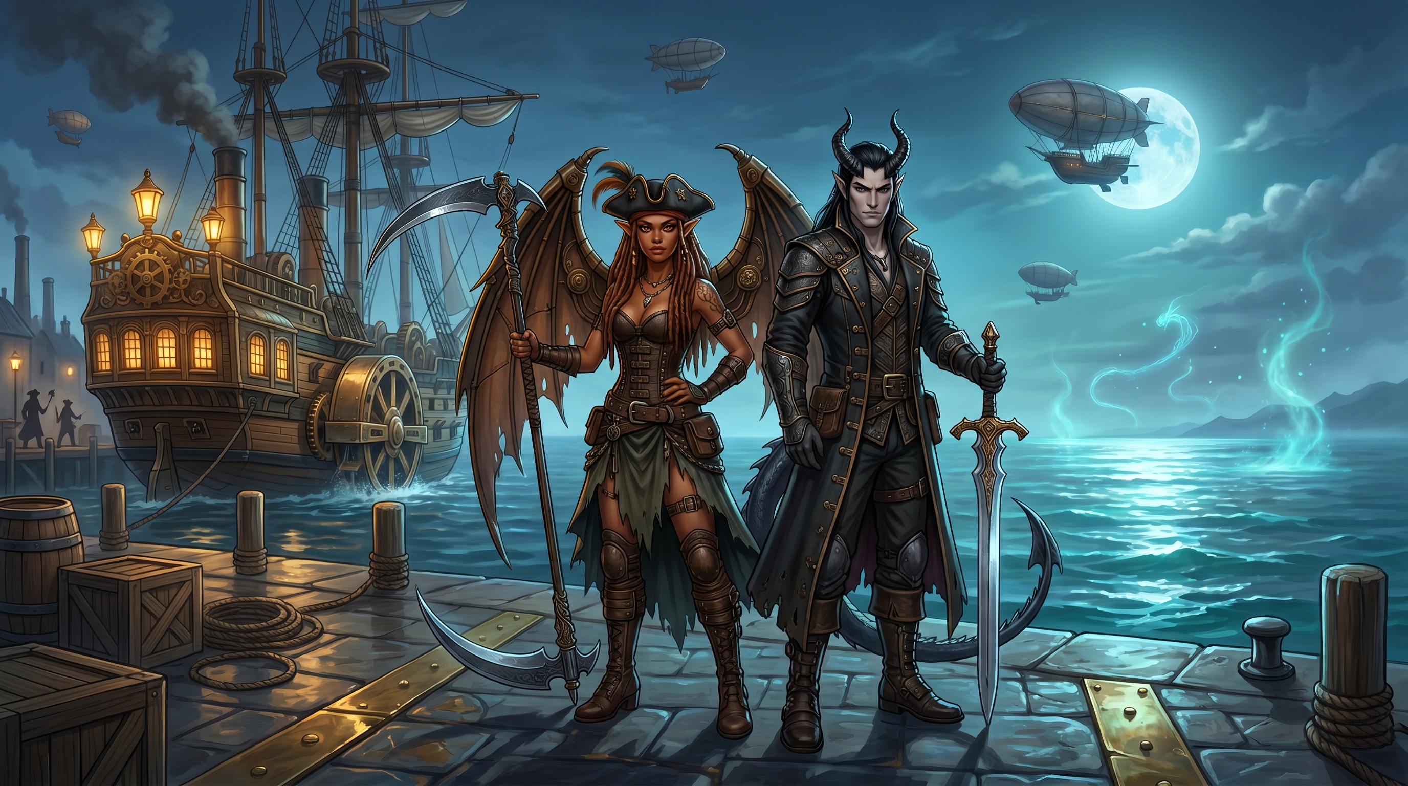 Era the Dark Divine Goddess and Zael the Dragon Elf King — at the Steampunk Dock